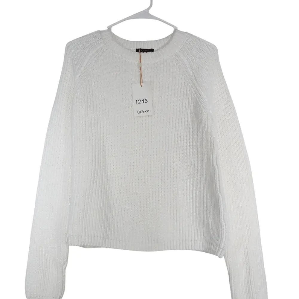 New Quince Women's XS Organic Cotton Fisherman Crew Sweater Ivory Cream Boho